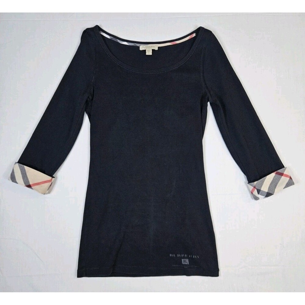 Burberry Brit Shirt Women's Small Black Scoop Neck 3/4 Sleeve Nova Check Cuffs